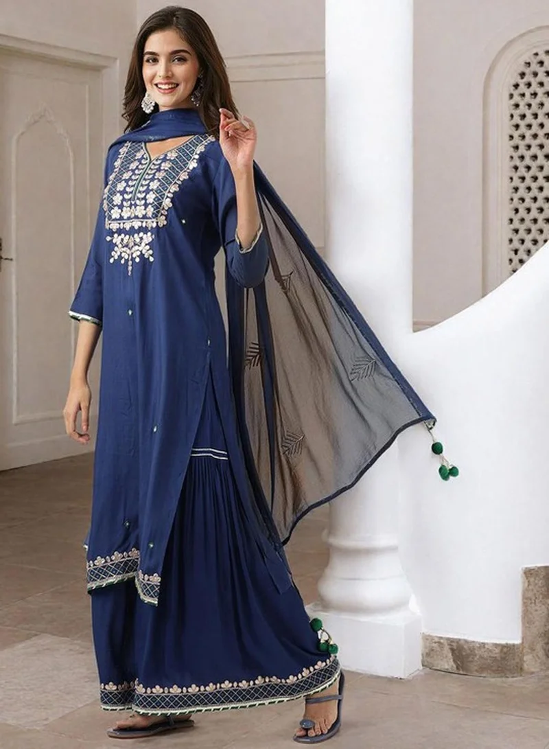 آي شين Women's Navy 100% Polyester Embellished Tunic Full Length Palazzo Straight Fit Kurta Set